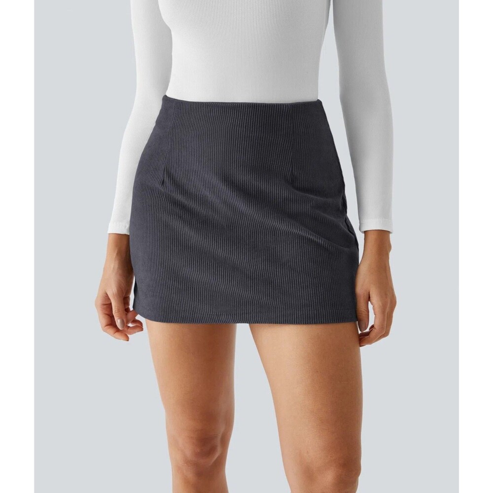 Halara High Rise 2-In-One A-Line Corduroy Casual Skirt L Nine Iron Gray NWT B82
